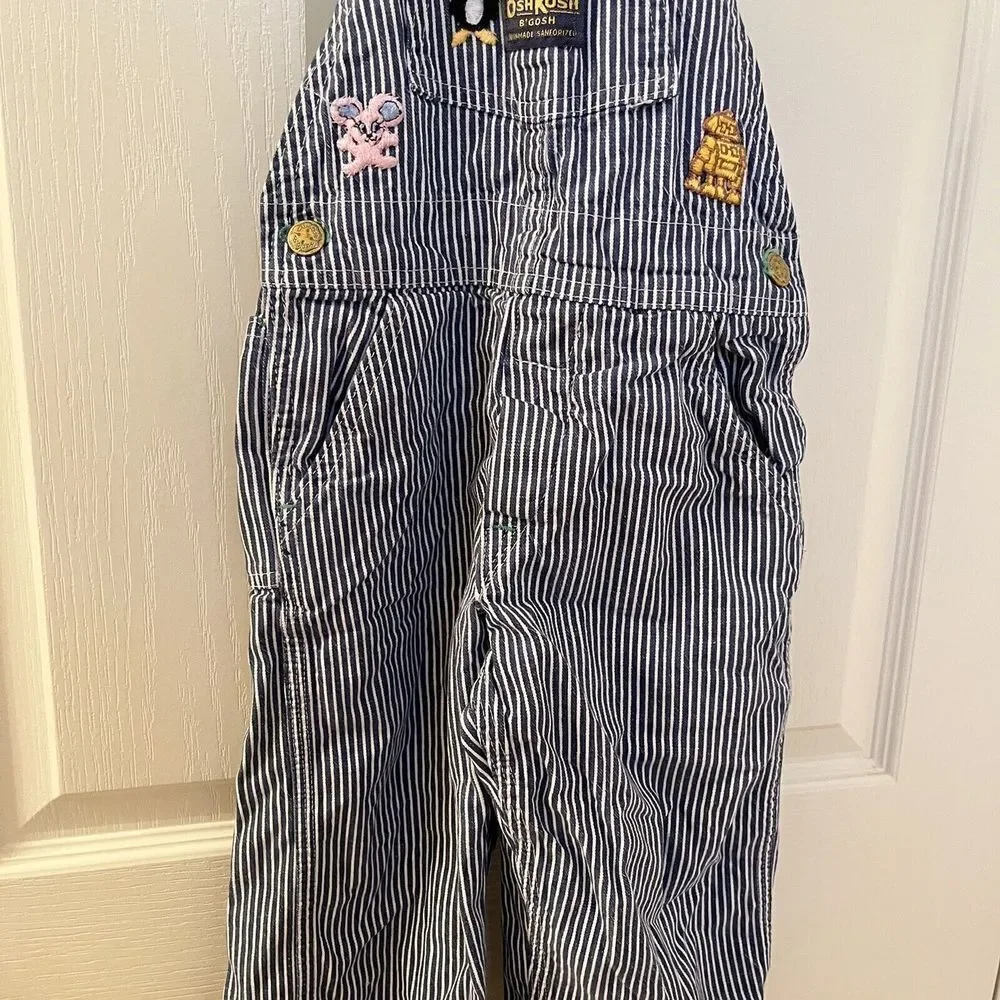 Vintage Oshkosh B'Gosh Kids Union Made Sanforized Overalls Blue Railroad Striped